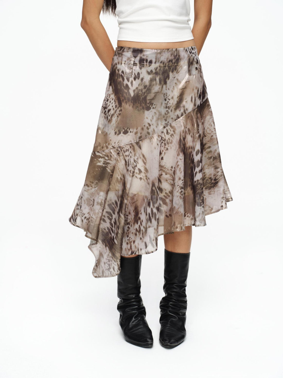 oinimi Lined Silk Finish Asymmetrical Low Waist Loose Fit Women Vacation Midi Skirt