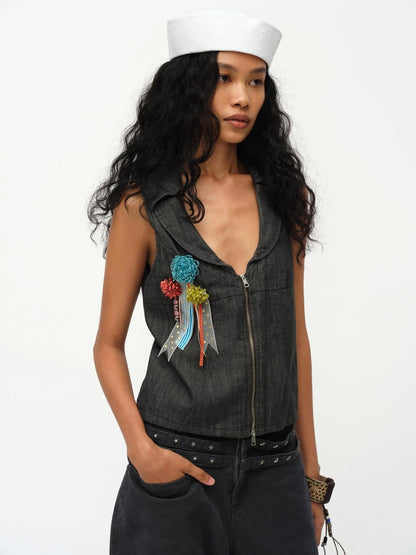 Low Cut Denim Vest With Open Collar In Charcoal Gray