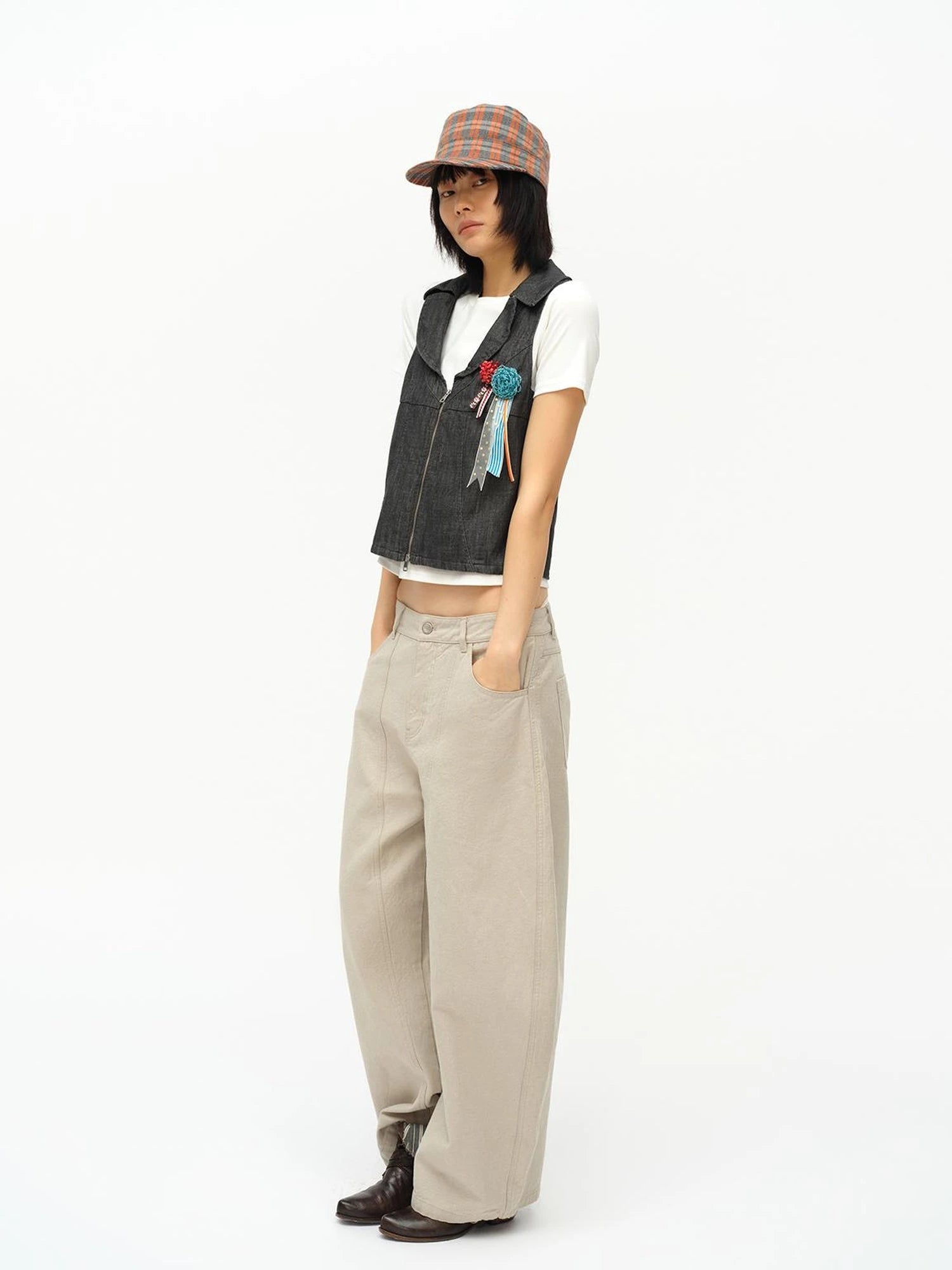 Low Cut Denim Vest With Open Collar In Charcoal Gray