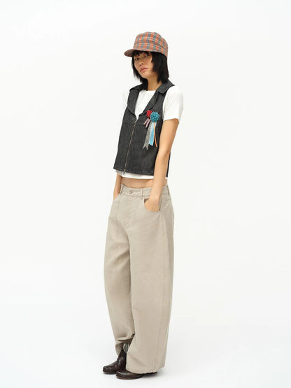 Low Cut Denim Vest With Open Collar In Charcoal Gray