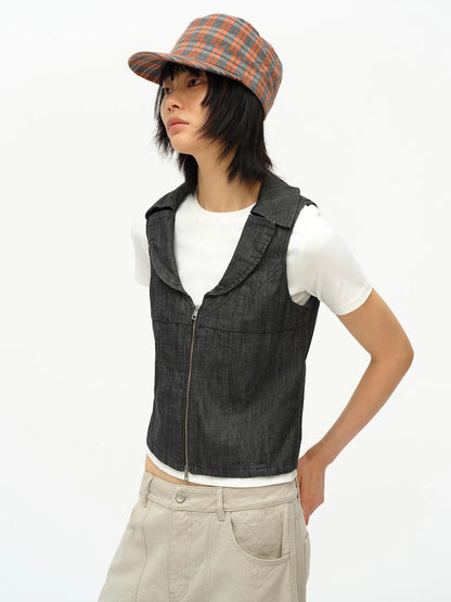 Low Cut Denim Vest With Open Collar In Charcoal Gray
