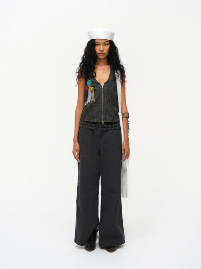 oinimi Low Cut Denim Vest With Open Collar In Charcoal Gray