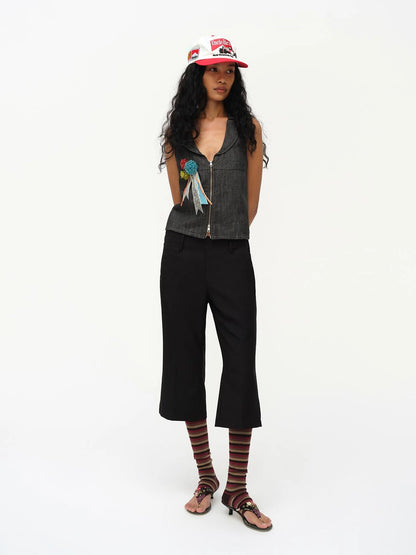 Low Cut Denim Vest With Open Collar In Charcoal Gray