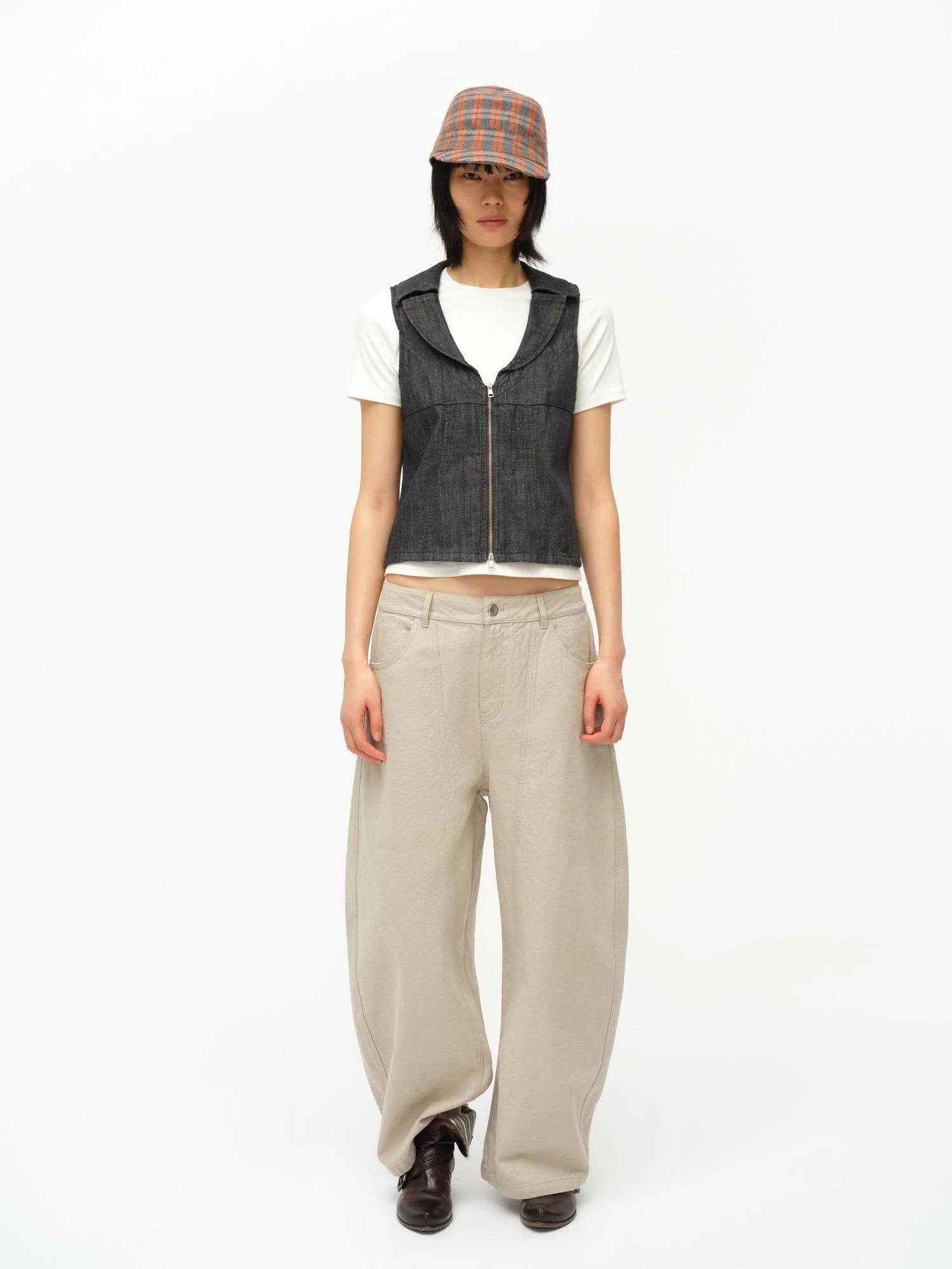 Low Cut Denim Vest With Open Collar In Charcoal Gray