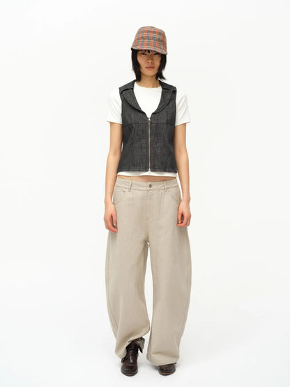 Low Cut Denim Vest With Open Collar In Charcoal Gray