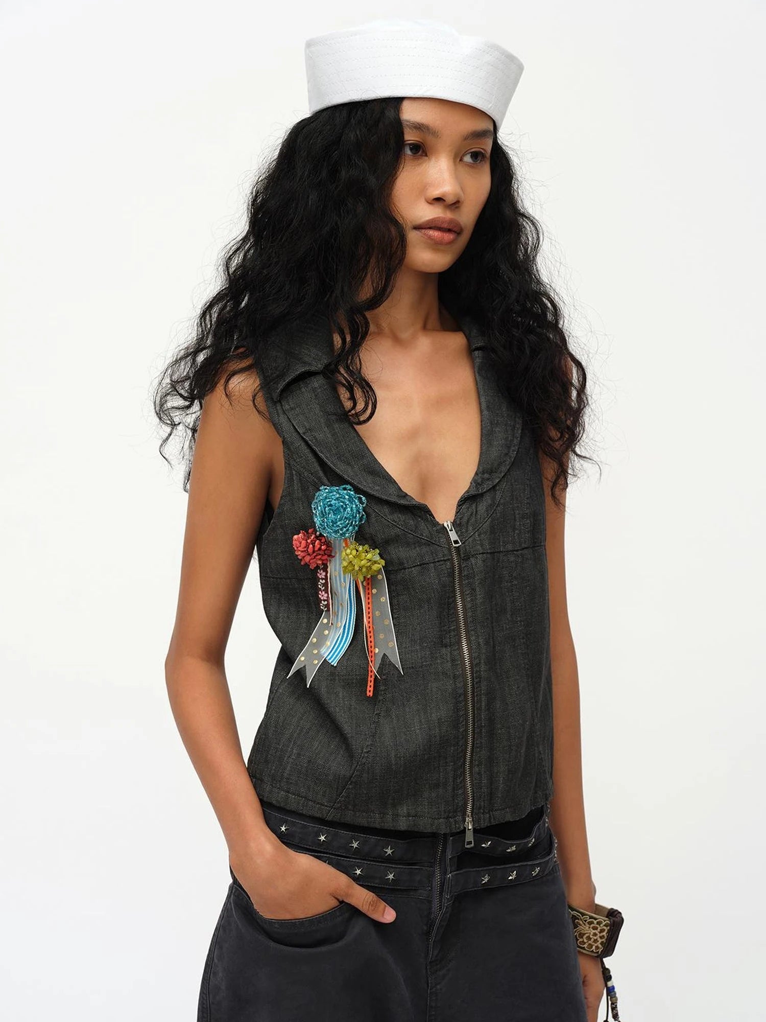 Low Cut Denim Vest With Open Collar In Charcoal Gray