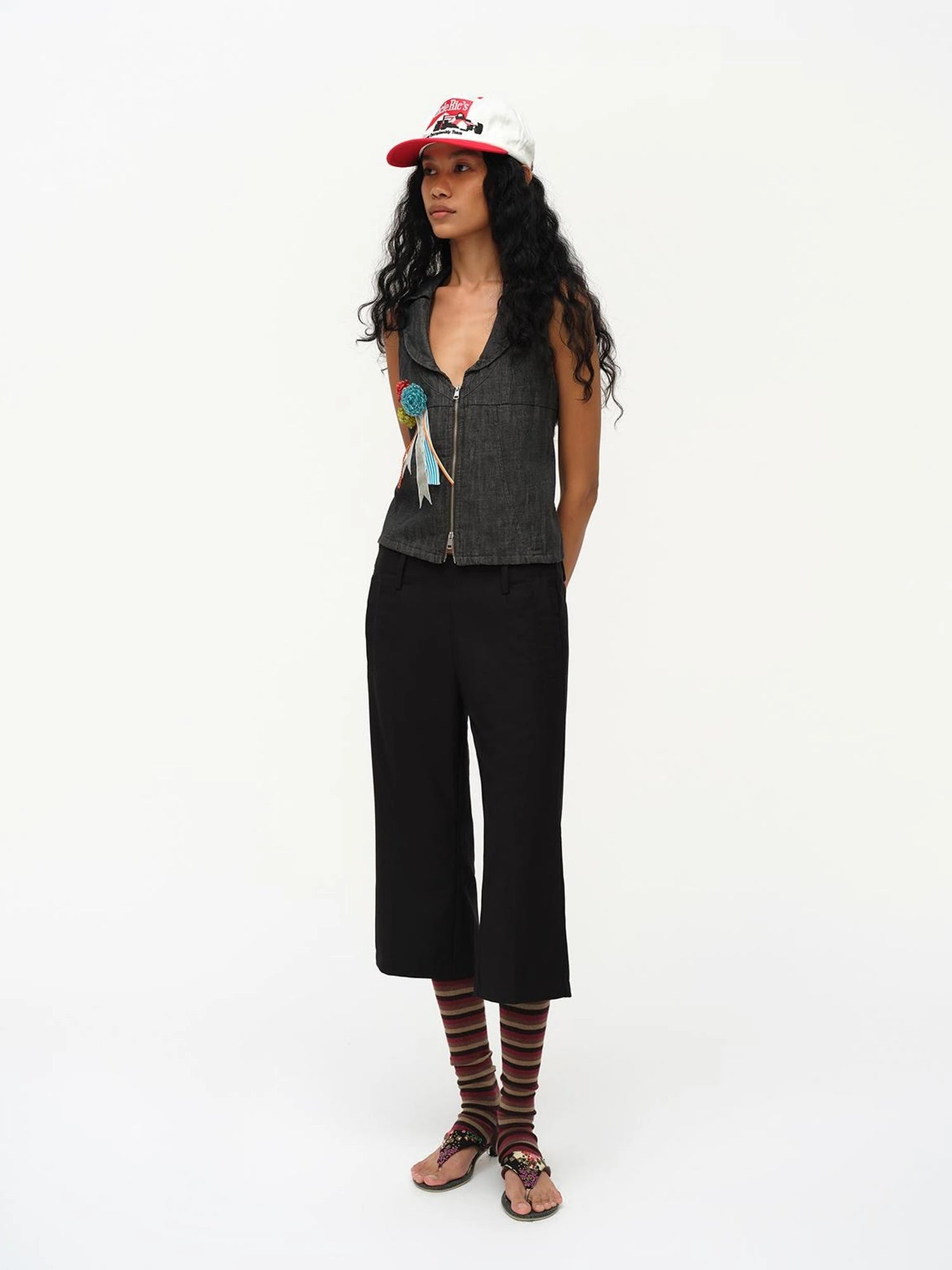 Low Cut Denim Vest With Open Collar In Charcoal Gray