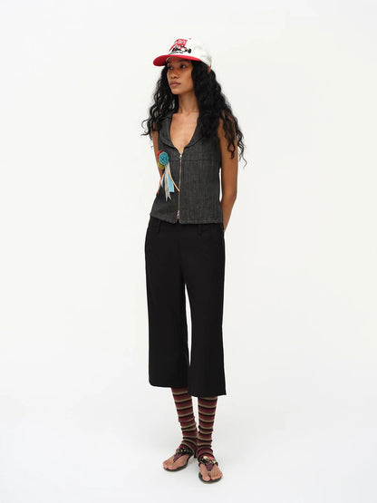 Low Cut Denim Vest With Open Collar In Charcoal Gray