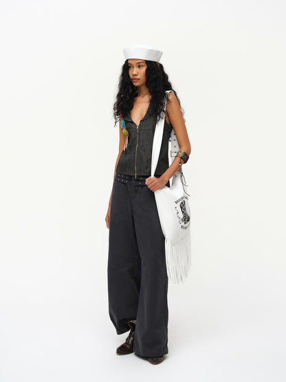 oinimi Low Cut Denim Vest With Open Collar In Charcoal Gray