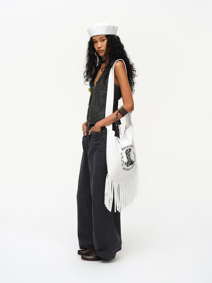 oinimi Low Cut Denim Vest With Open Collar In Charcoal Gray