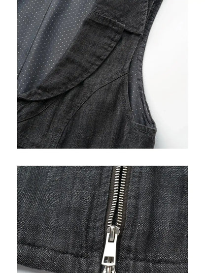Low Cut Denim Vest With Open Collar In Charcoal Gray