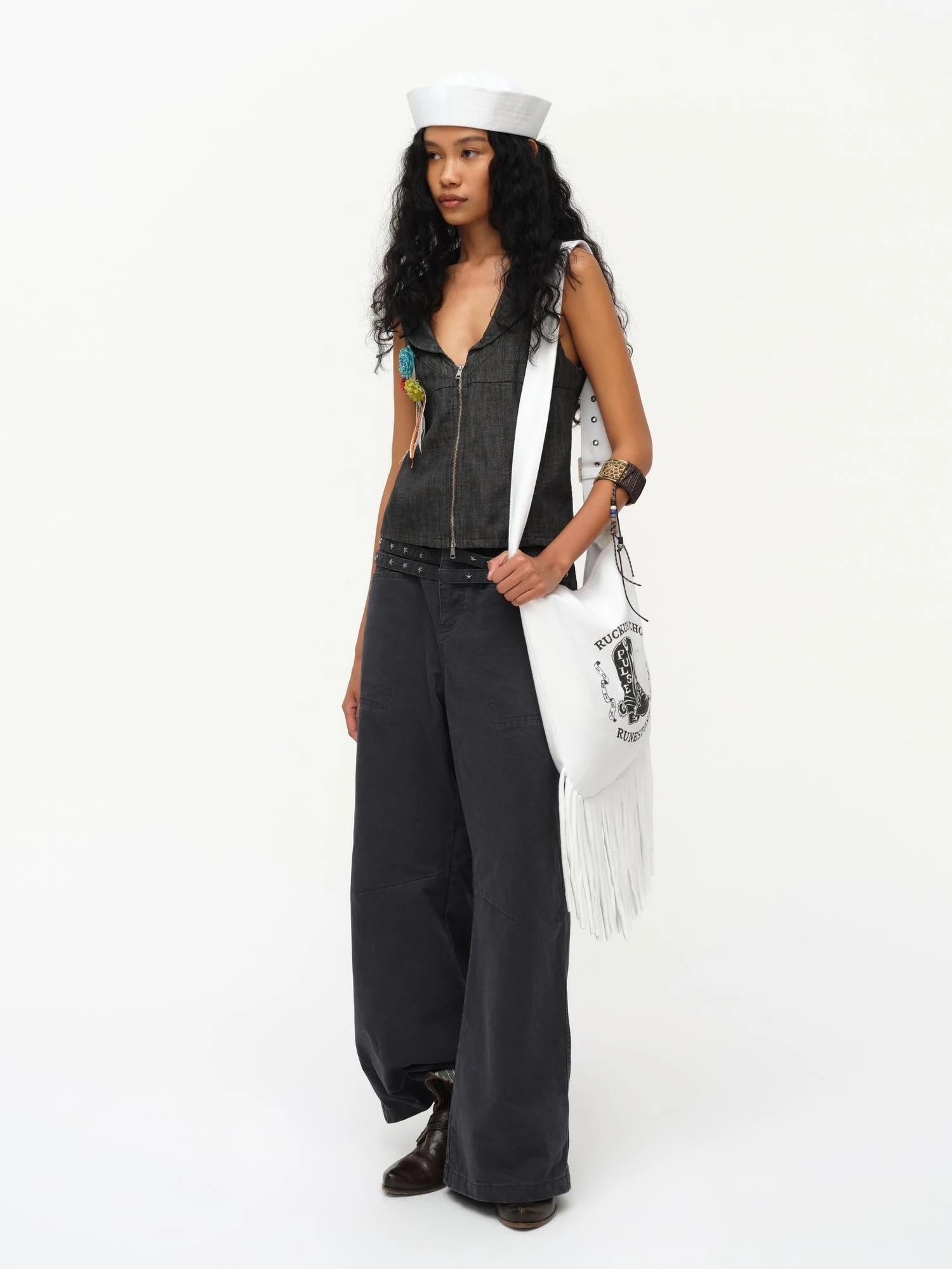 Low Cut Denim Vest With Open Collar In Charcoal Gray