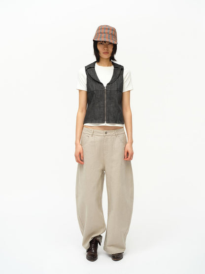 oinimi Low Cut Denim Vest With Open Collar In Charcoal Gray