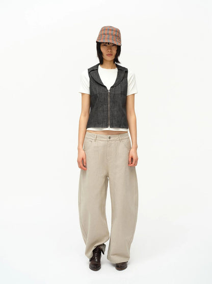 Low Cut Denim Vest With Open Collar In Charcoal Gray