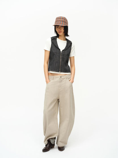 oinimi Low Cut Denim Vest With Open Collar In Charcoal Gray