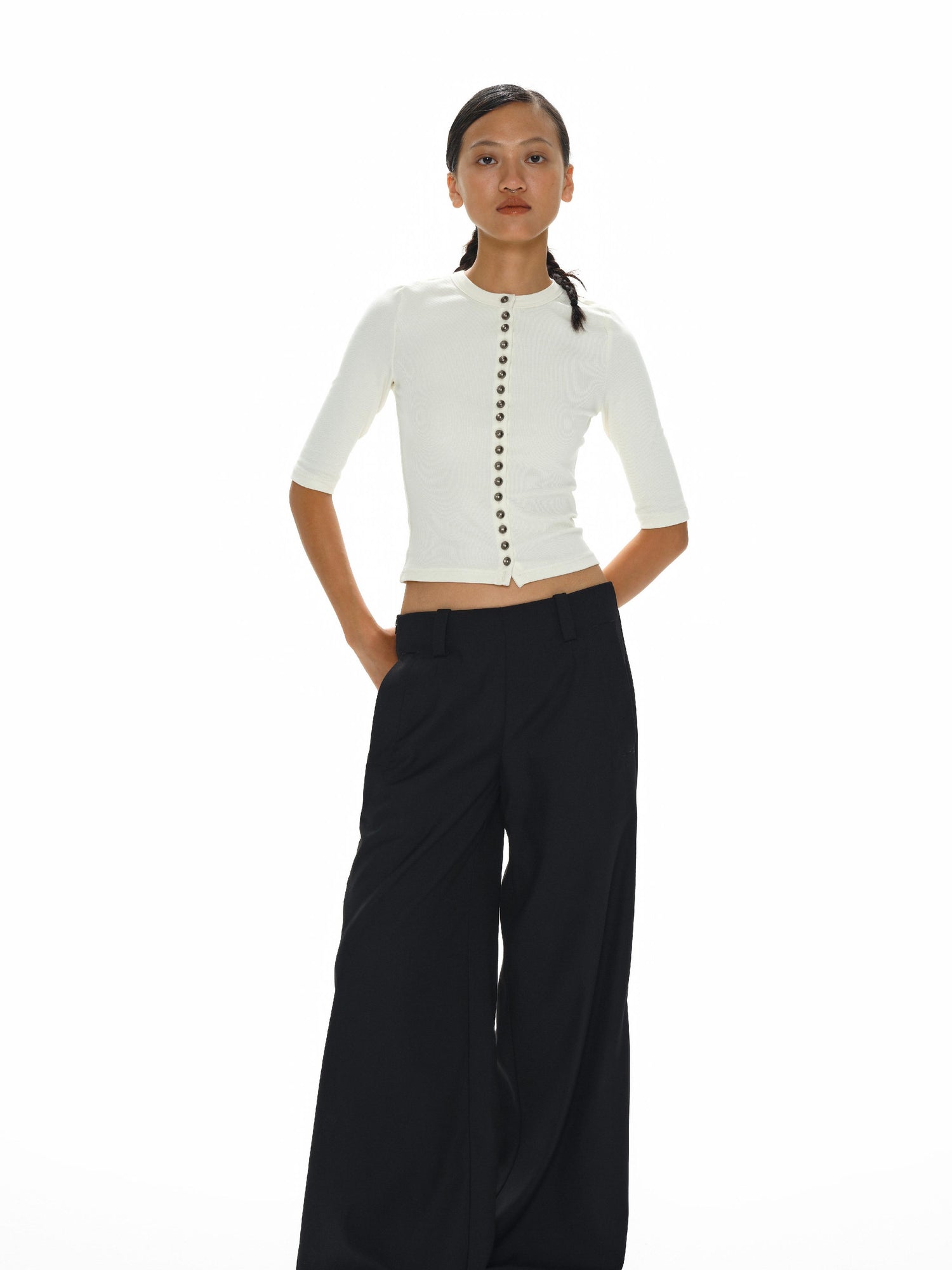 oinimi Low Waist Wide Leg Trousers In Black Charcoal