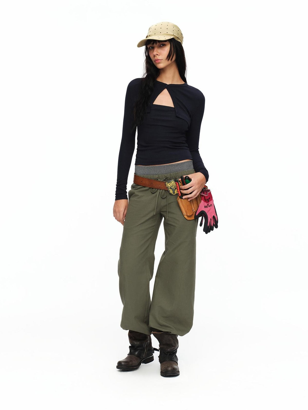 oinimi Matcha Colorblock Double Waist Drawstring Women&