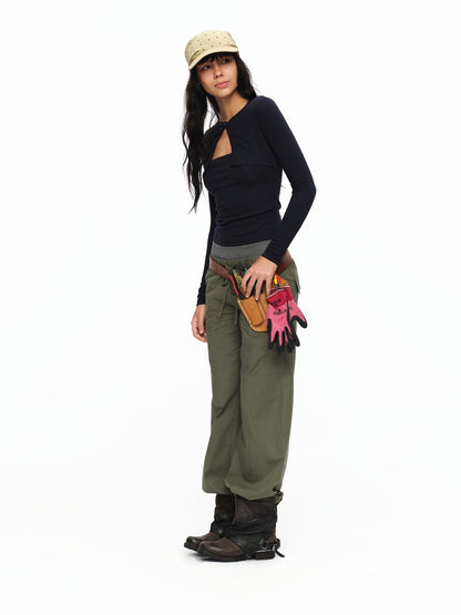 oinimi Matcha Colorblock Double Waist Drawstring Women&