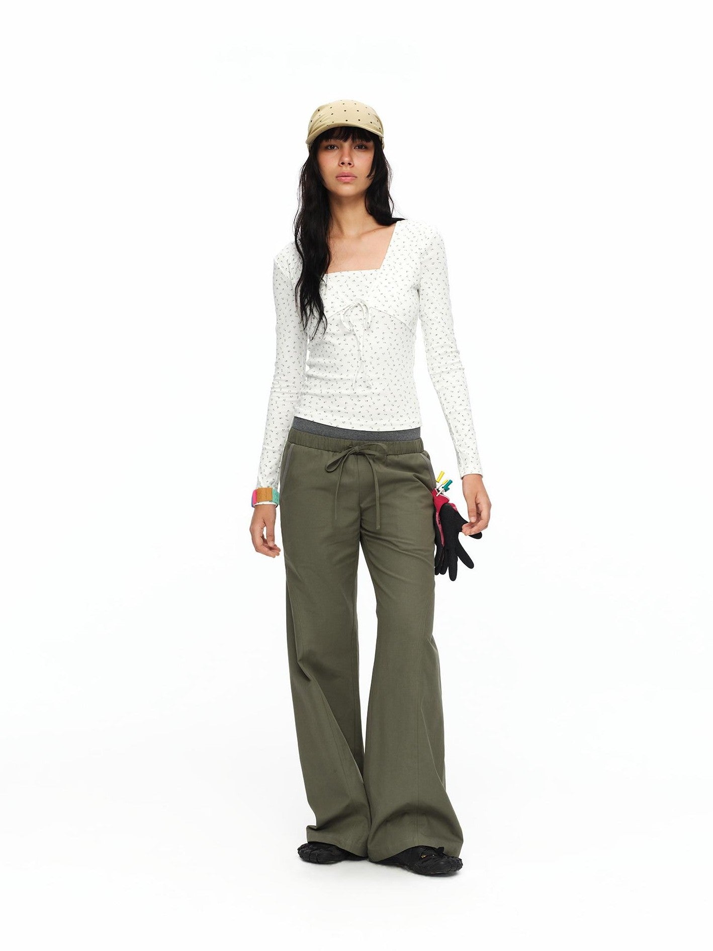 oinimi Matcha Colorblock Double Waist Drawstring Women&