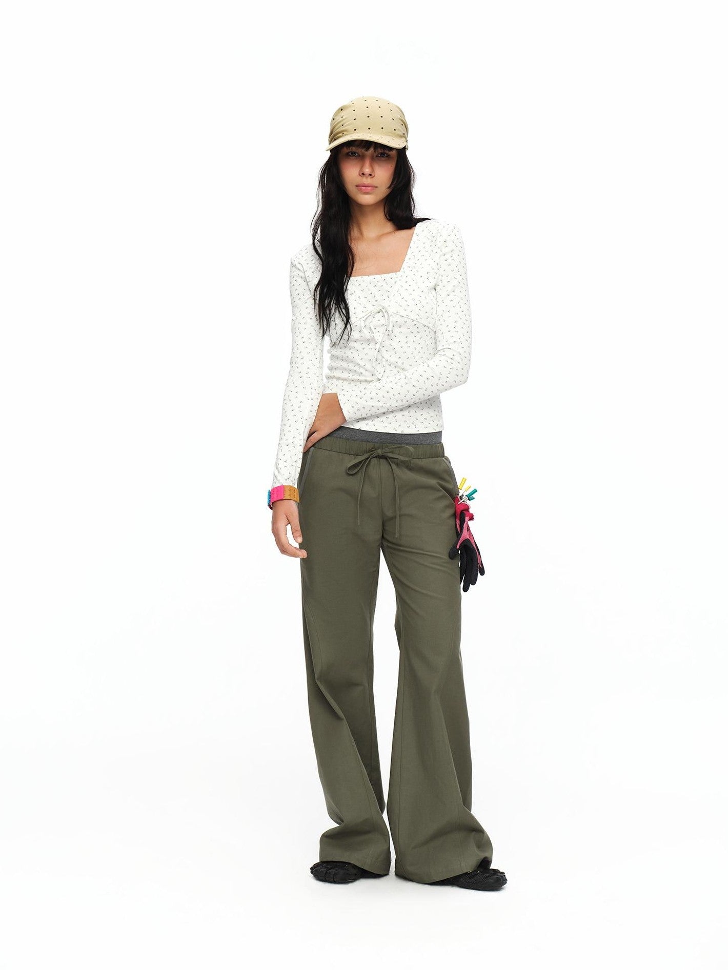 oinimi Matcha Colorblock Double Waist Drawstring Women&