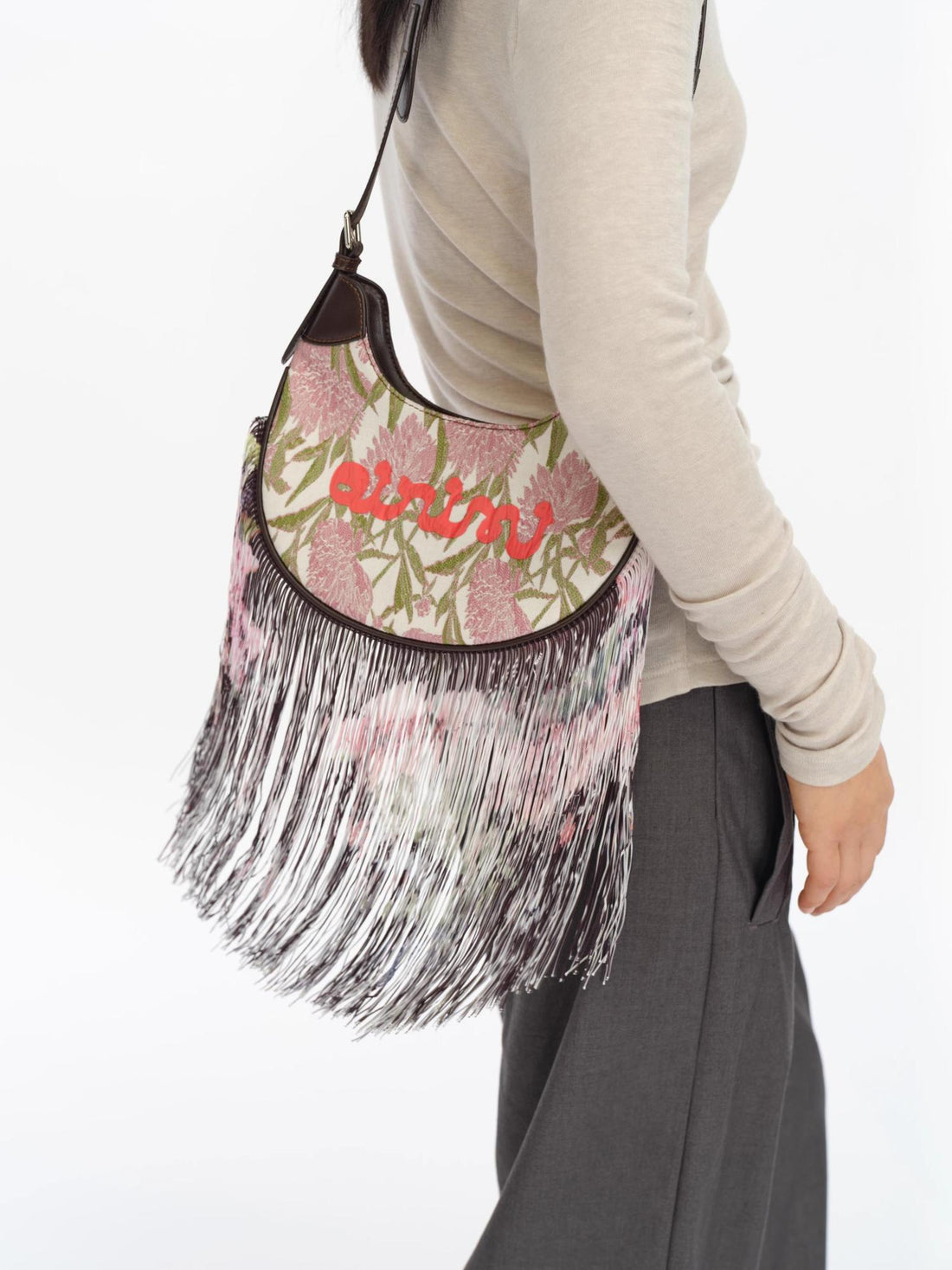 oinimi Mini Jacquard Saddle Bag With Fringe