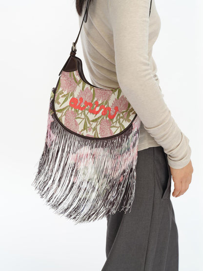oinimi Mini Jacquard Saddle Bag With Fringe
