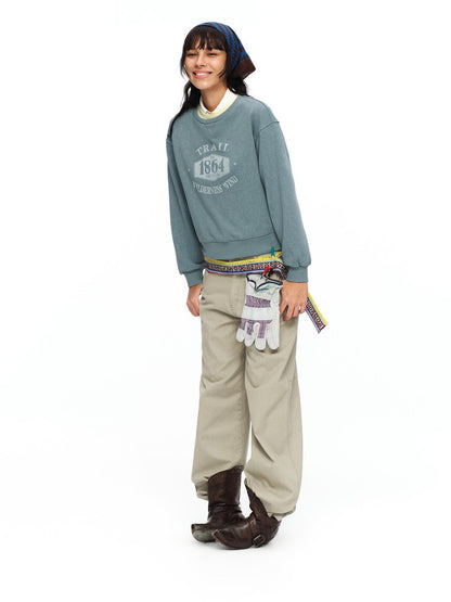 oinimi Mist Blue Washed Print Retro Women&