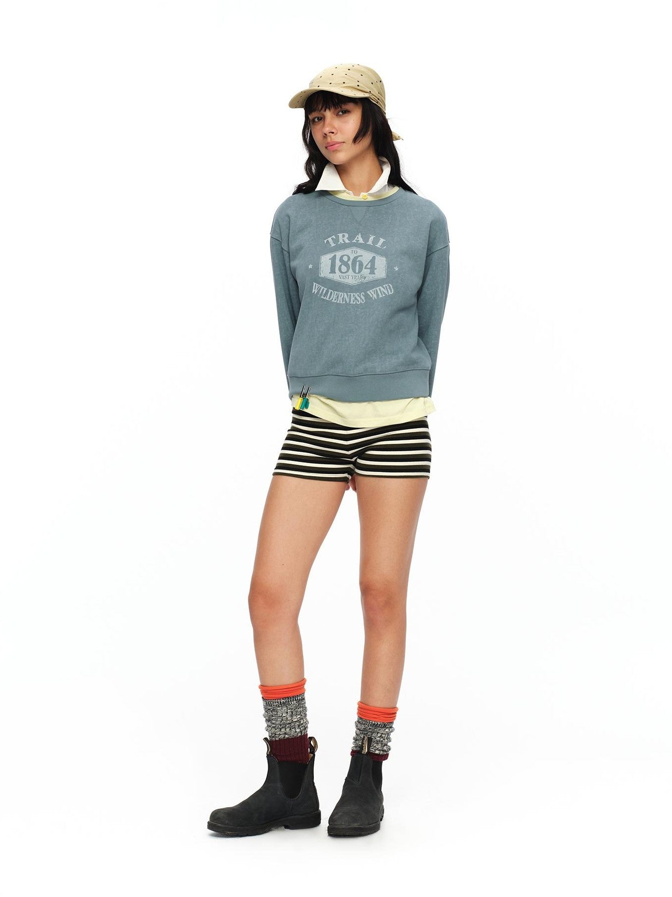 oinimi Mist Blue Washed Print Retro Women&