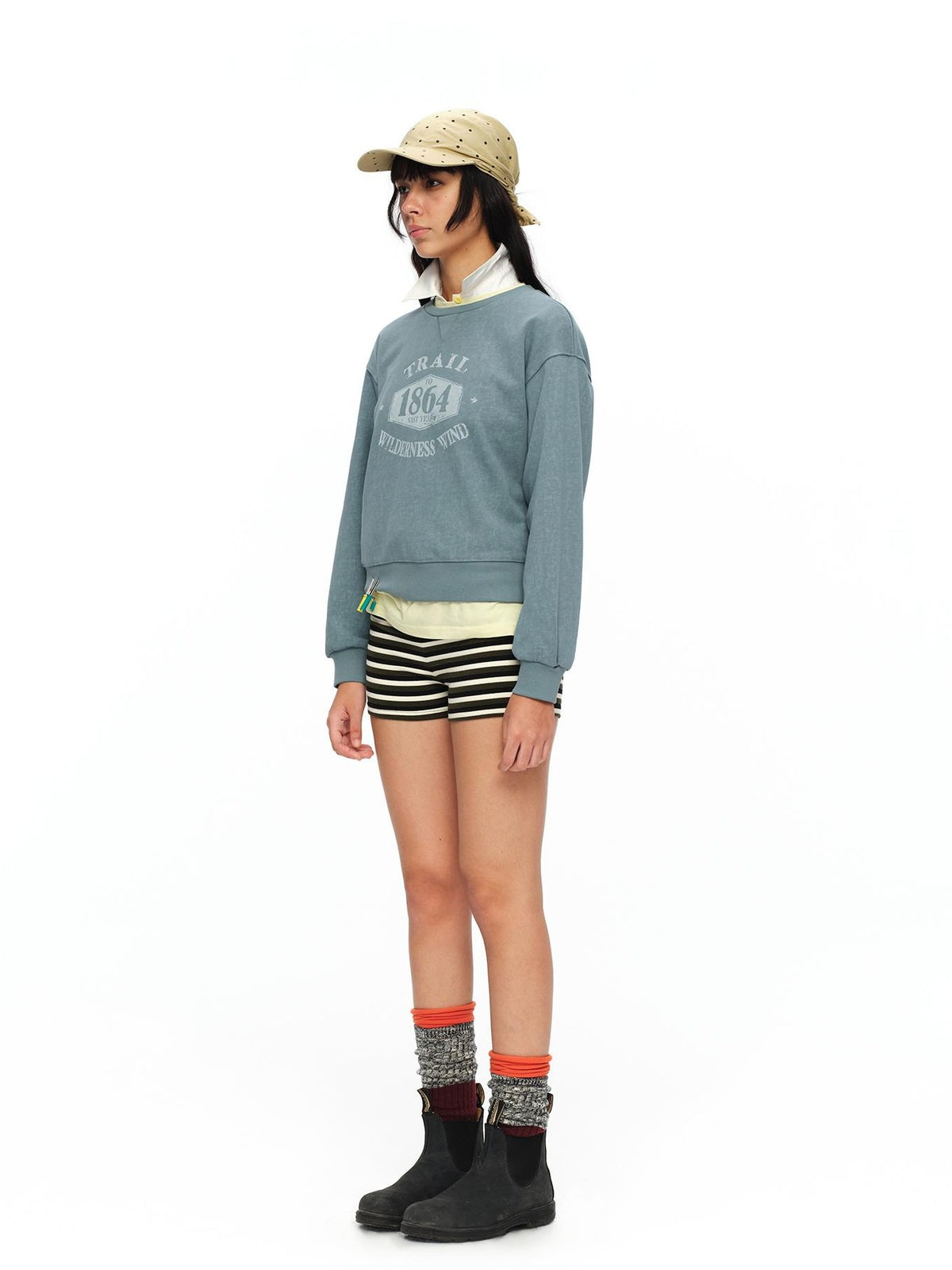 oinimi Mist Blue Washed Print Retro Women&