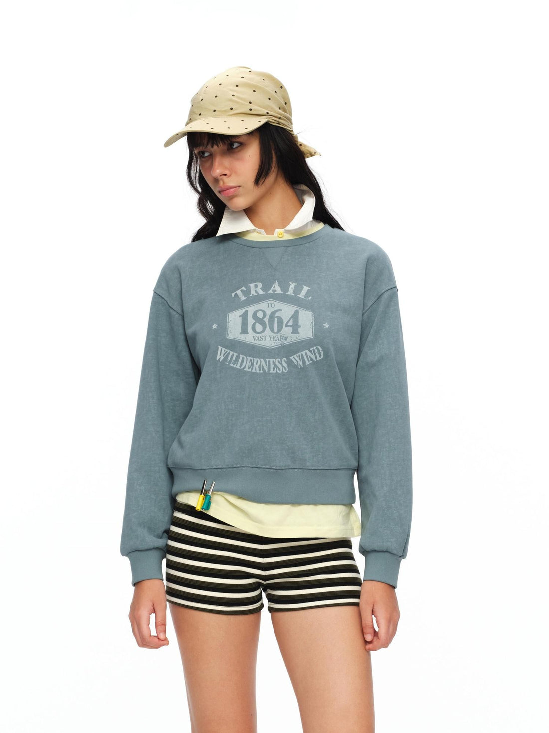 oinimi Mist Blue Washed Print Retro Women&