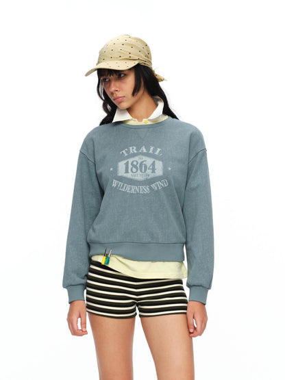 oinimi Mist Blue Washed Print Retro Women&