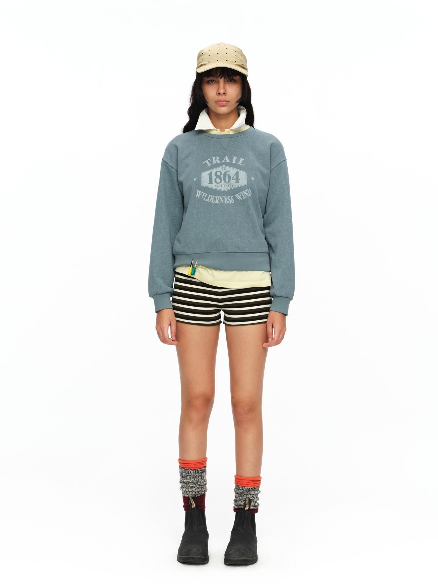 oinimi Mist Blue Washed Print Retro Women&