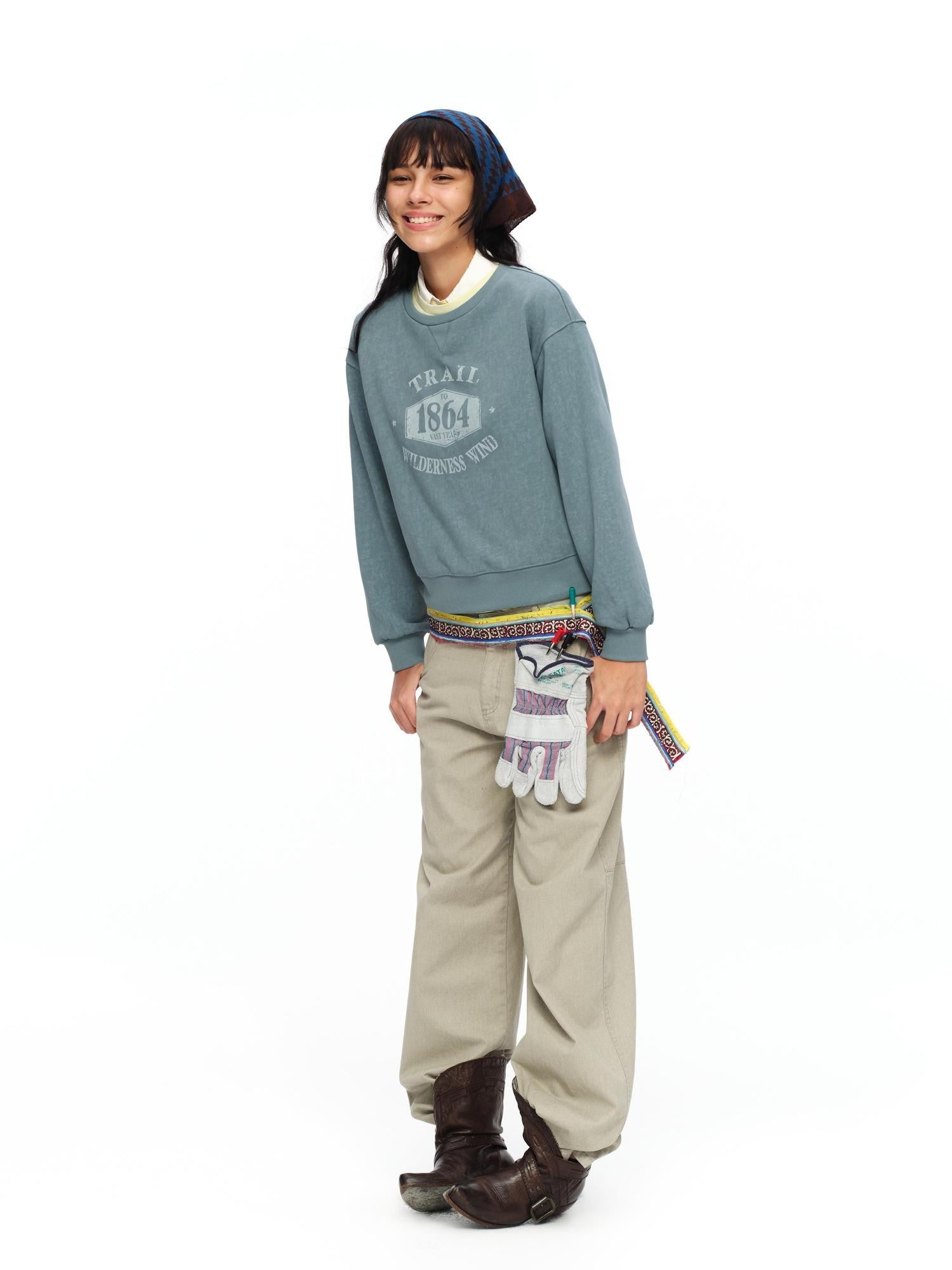 oinimi Mist Blue Washed Print Retro Women&