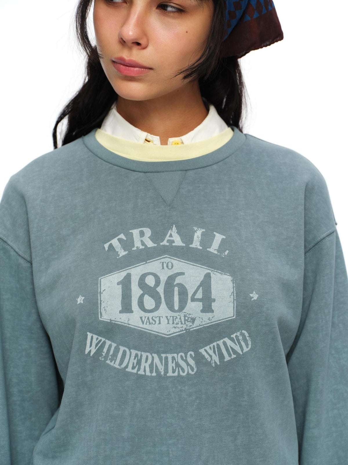 oinimi Mist Blue Washed Print Retro Women&