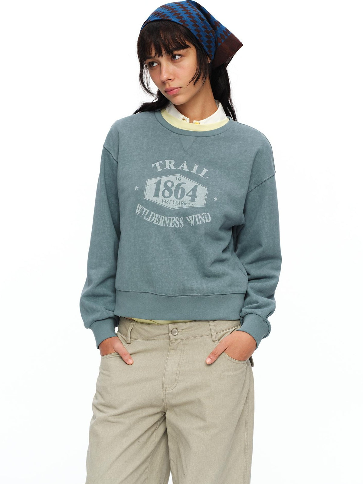 oinimi Mist Blue Washed Print Retro Women&