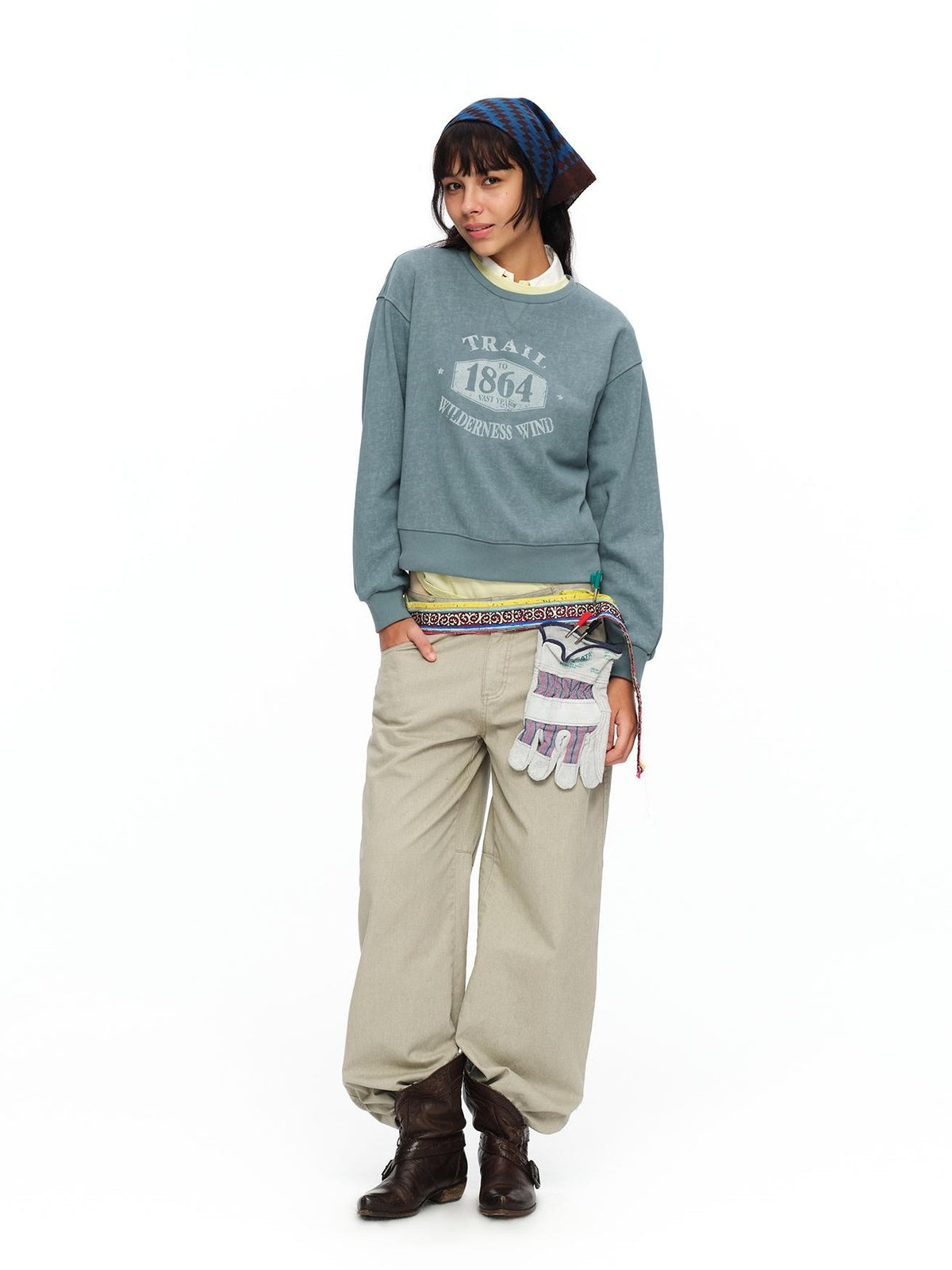 oinimi Mist Blue Washed Print Retro Women&