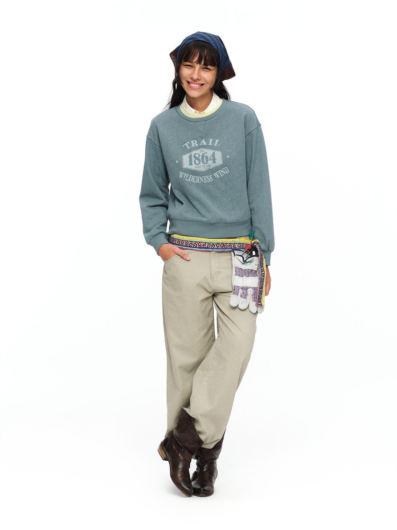 oinimi Mist Blue Washed Print Retro Women&