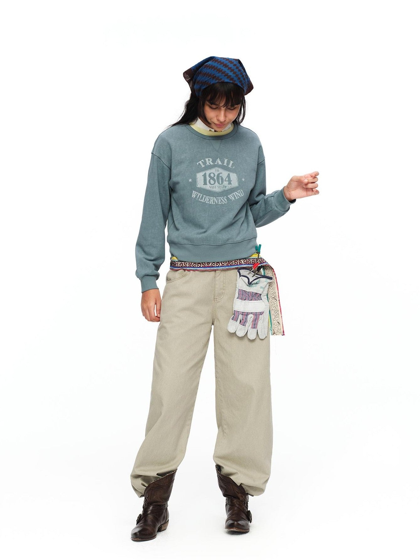 oinimi Mist Blue Washed Print Retro Women&