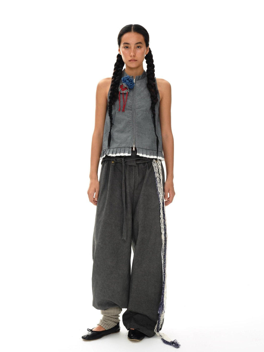 oinimi Mouse Gray Pleated Ruffle Frayed Mud Dye High Neck Women&