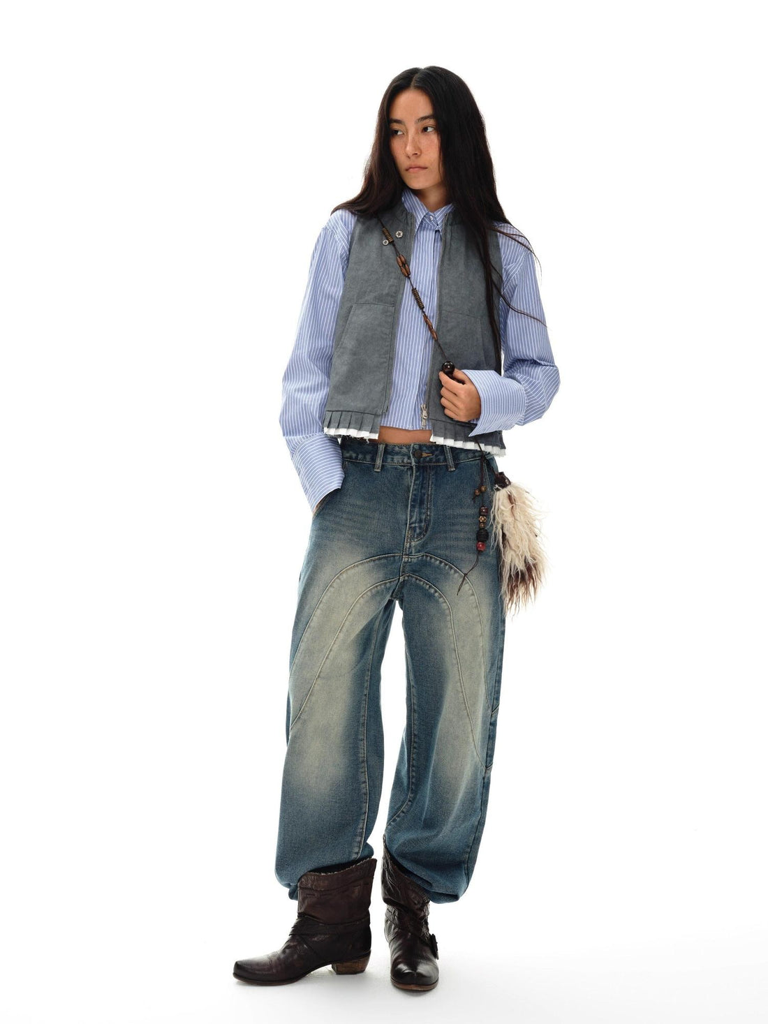oinimi Mouse Gray Pleated Ruffle Frayed Mud Dye High Neck Women&