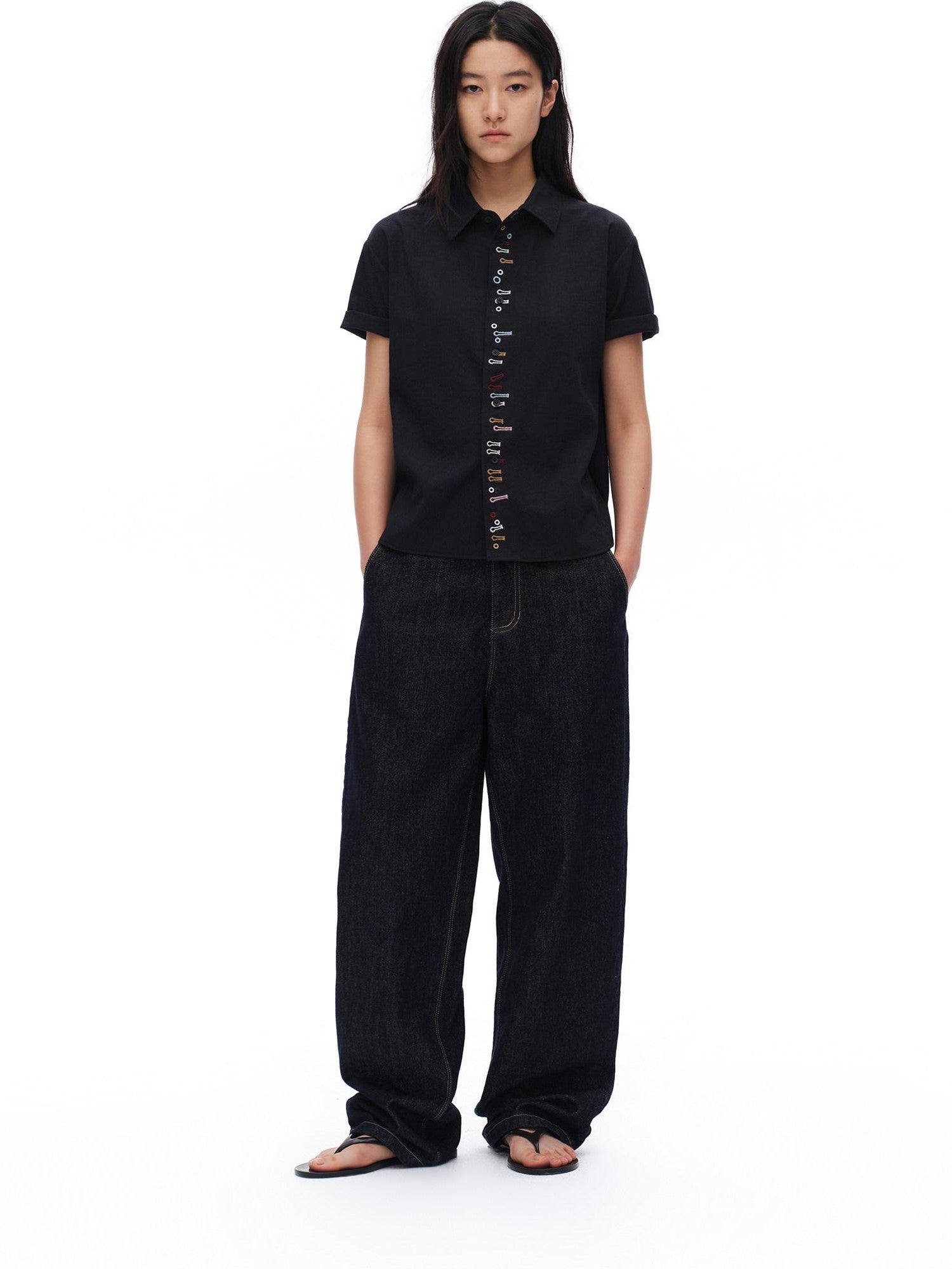 oinimi Navy Embroidered Buttonhole Collared Women&