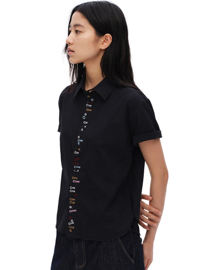 oinimi Navy Embroidered Buttonhole Collared Women&