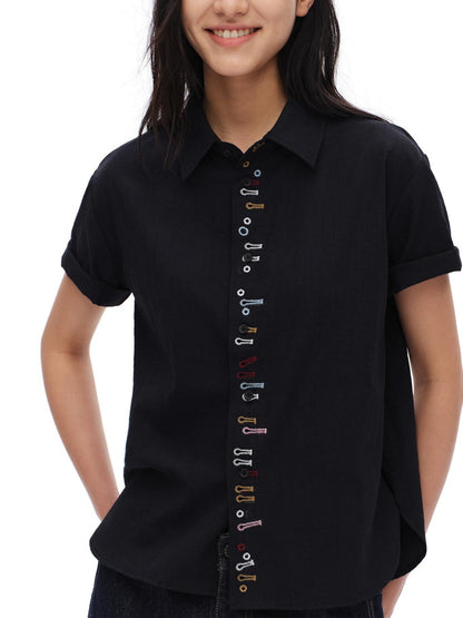 oinimi Navy Embroidered Buttonhole Collared Women&