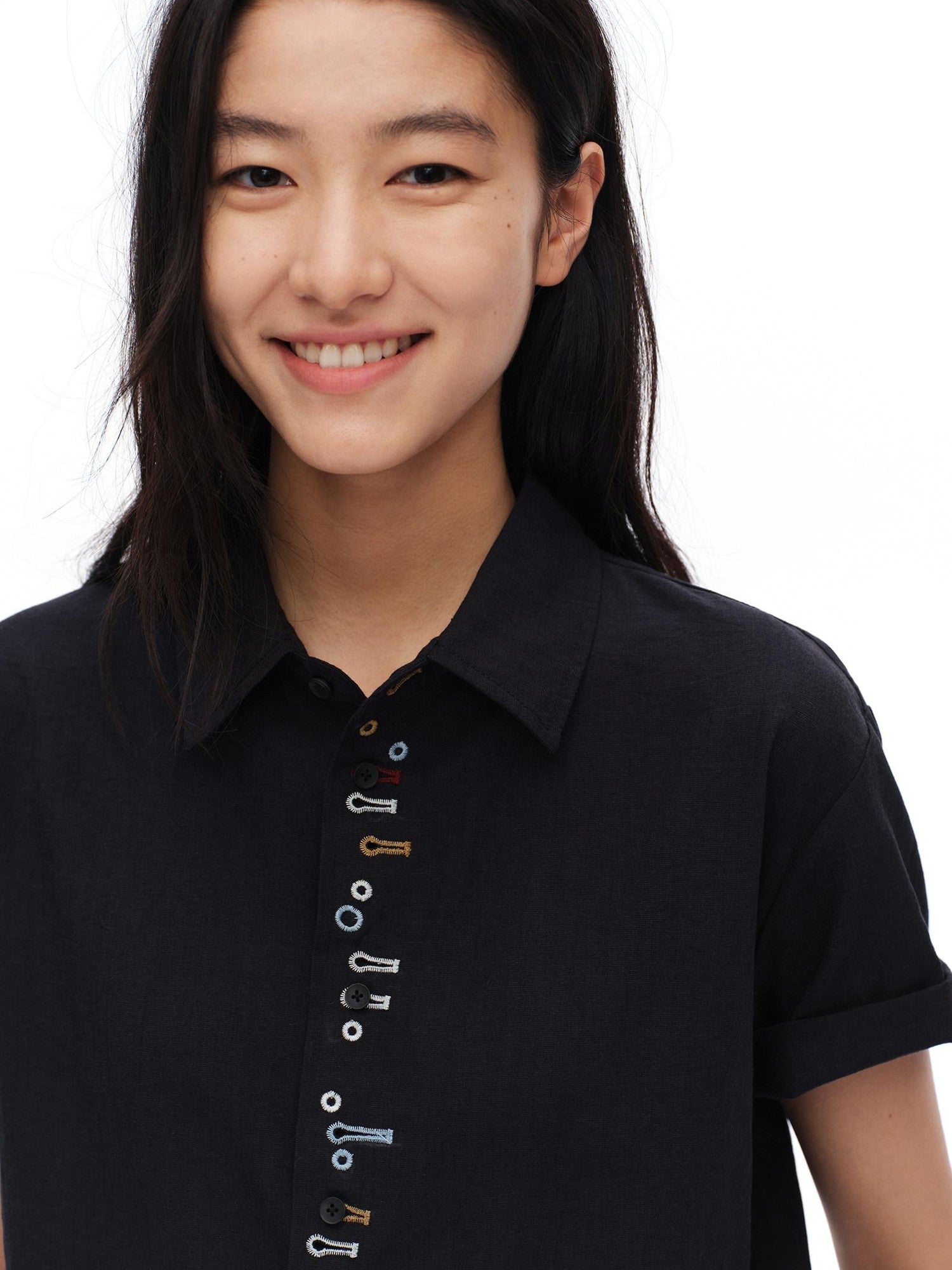 oinimi Navy Embroidered Buttonhole Collared Women&