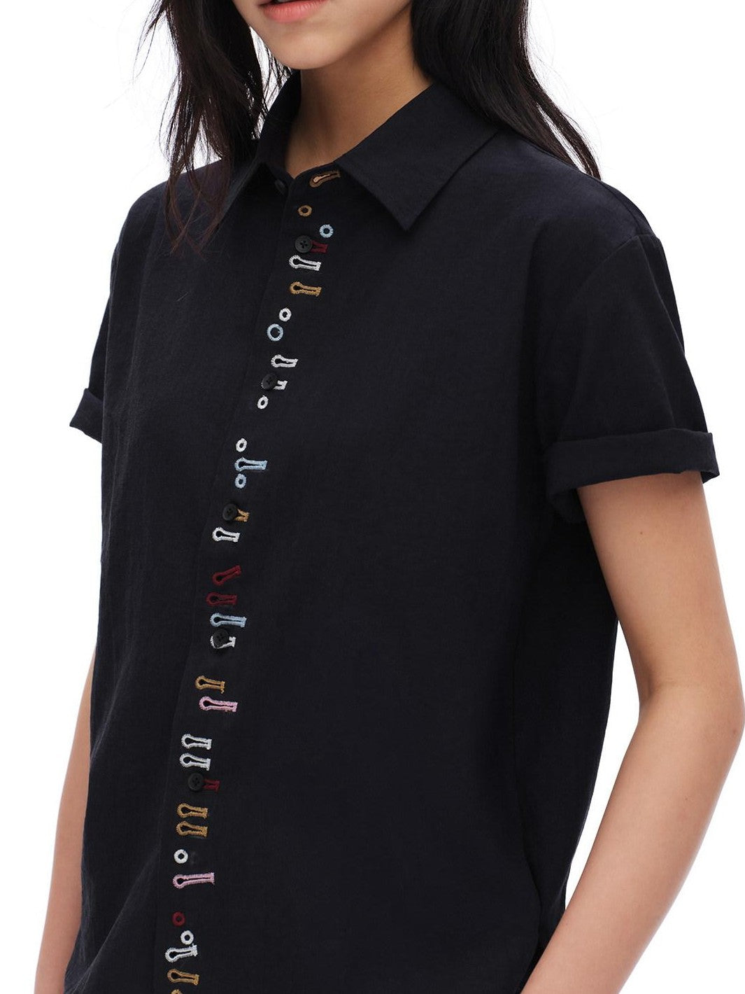 oinimi Navy Embroidered Buttonhole Collared Women&