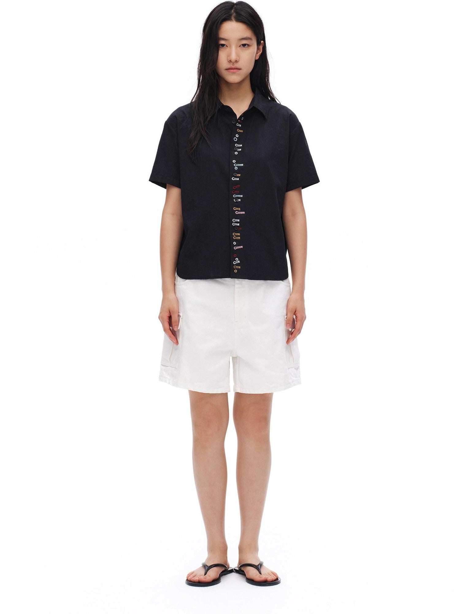 oinimi Navy Embroidered Buttonhole Collared Women&