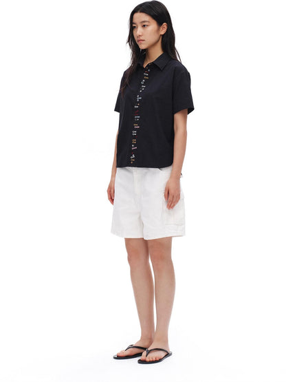 oinimi Navy Embroidered Buttonhole Collared Women&