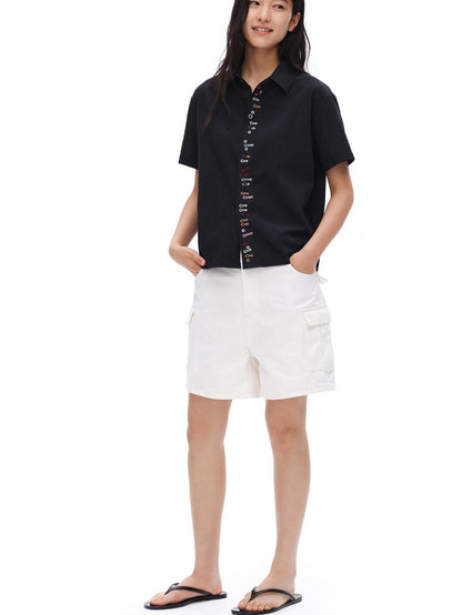 oinimi Navy Embroidered Buttonhole Collared Women&