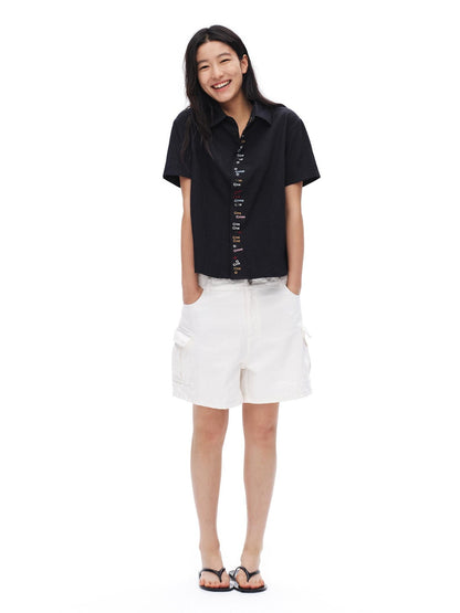 oinimi Navy Embroidered Buttonhole Collared Women&