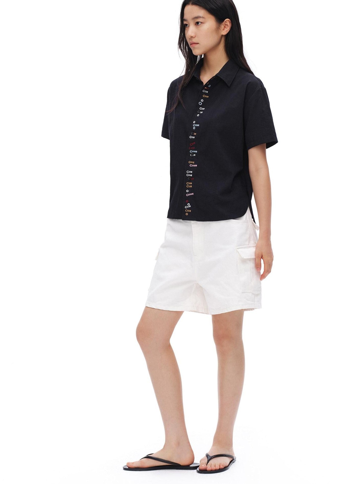 oinimi Navy Embroidered Buttonhole Collared Women&